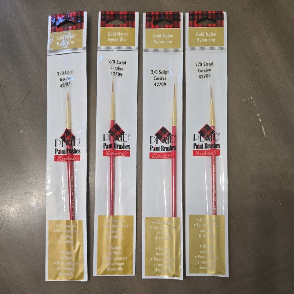NOS 4 Packs Plaid Essentials Paint Brushes 2/0 Script #42709 Gold Nylon Crafts